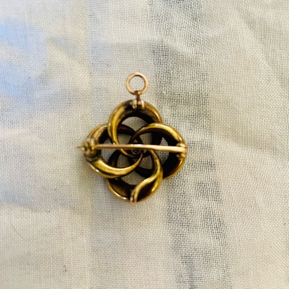 Antique Victorian 14k, Diamond, White & Blue Floral Enamel Etched Knot Pendant - Picture 2 of 5